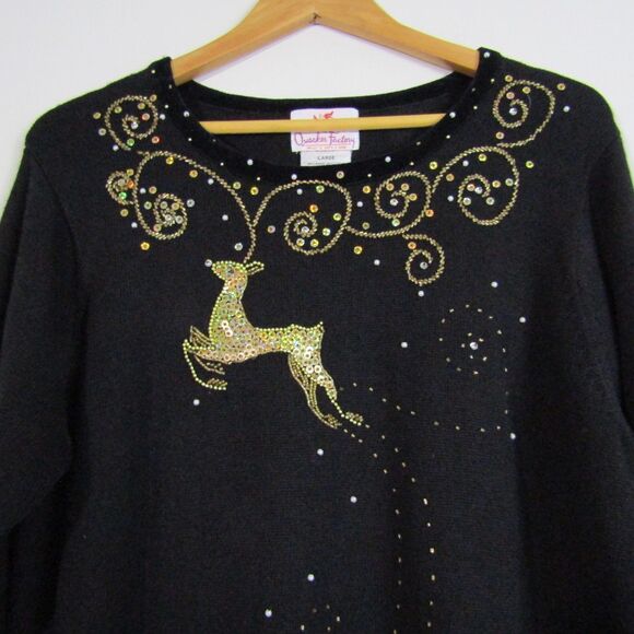 Quaker Factory Women's Sweater Large Black Christmas Beaded Embroidery Holiday - Picture 2 of 13